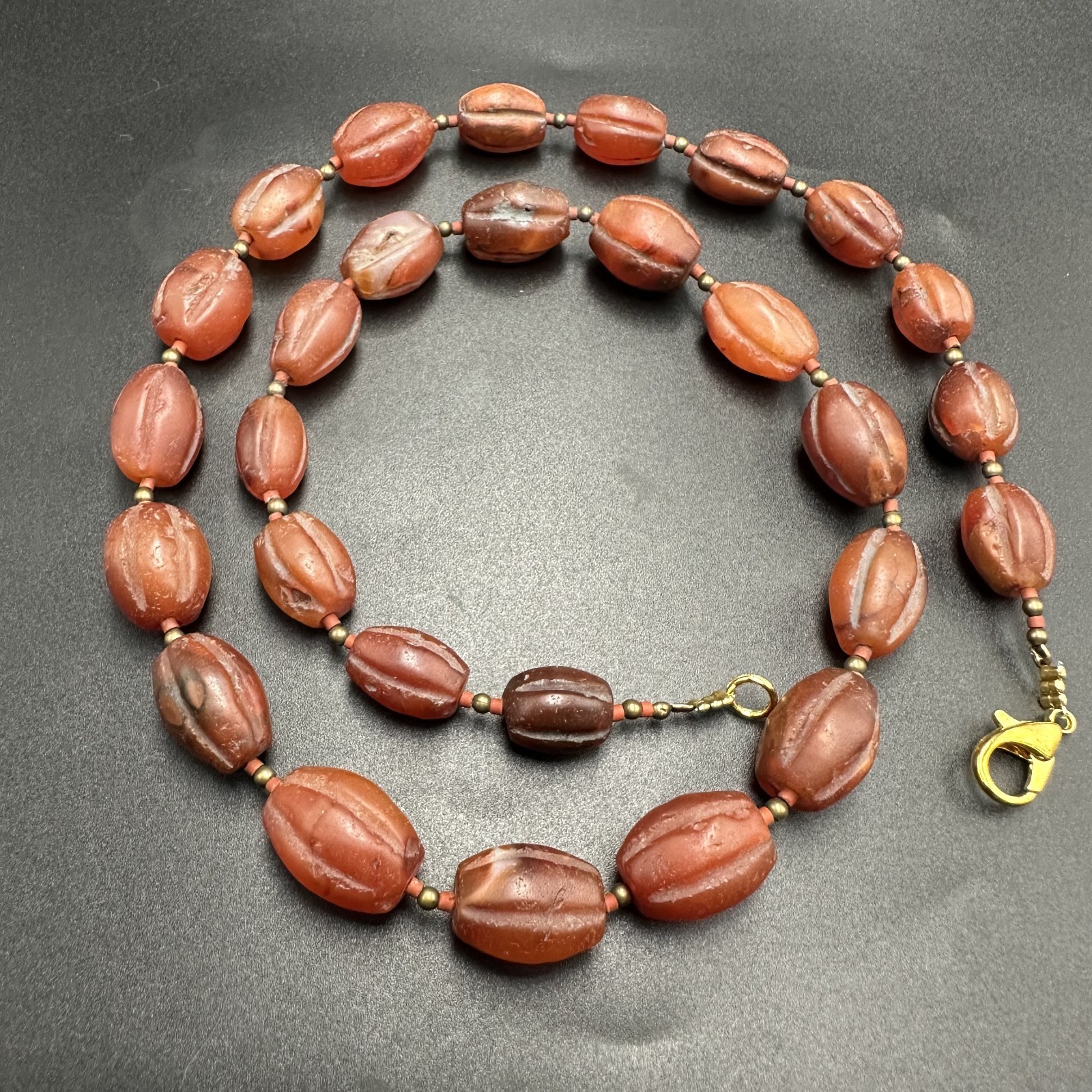 Vintage Himalayan Tibetan Carnelian Carved Agate Oval Shape Beads Necklace Mala
