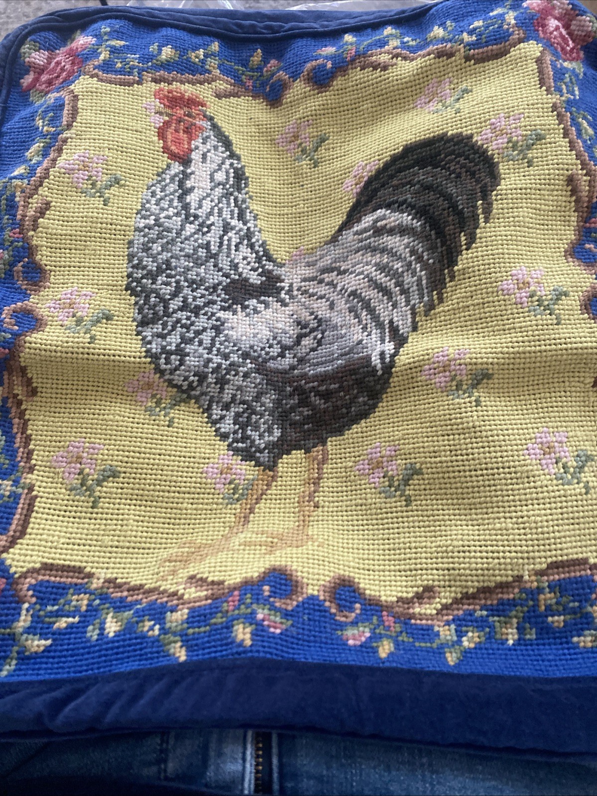 17x17” Rooster Needlepoint Chair Cushion Cover Case French Country Blue Flowers