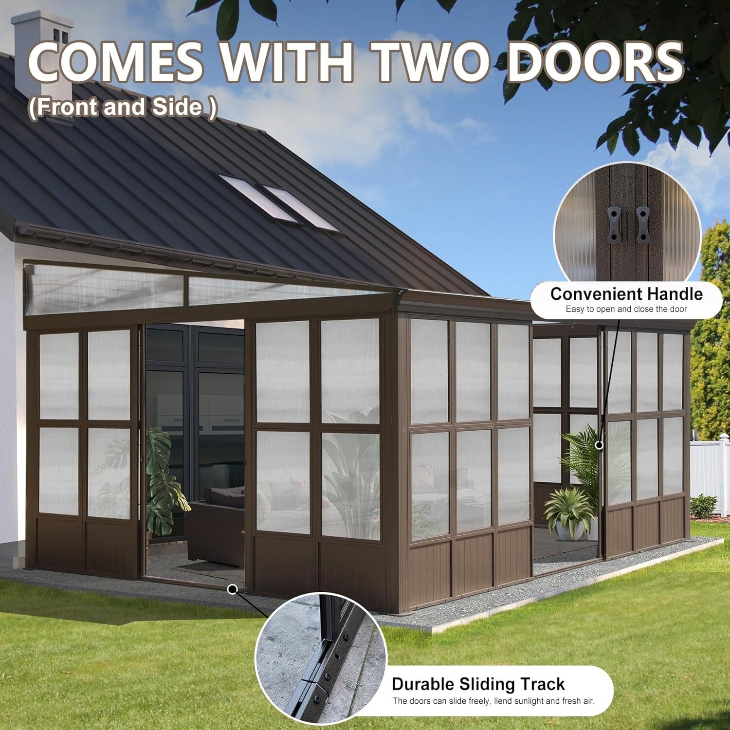 Domi Outdoor 12x16FT Wall Mounted Sunroom with PC Roof & Lockable Sliding Doors