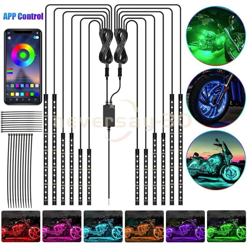 12PC RGB Bluetooth Motorcycle LED Light Under Glow Neon Strip Remote Control Kit