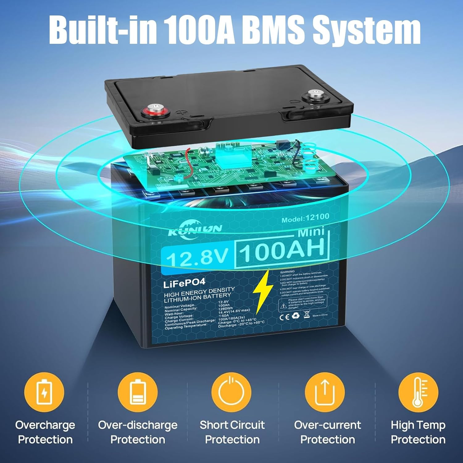 12V 100AH LiFePO4 Lithium Battery Deep Cycle BMS for Solar Panel RV Off-grid US