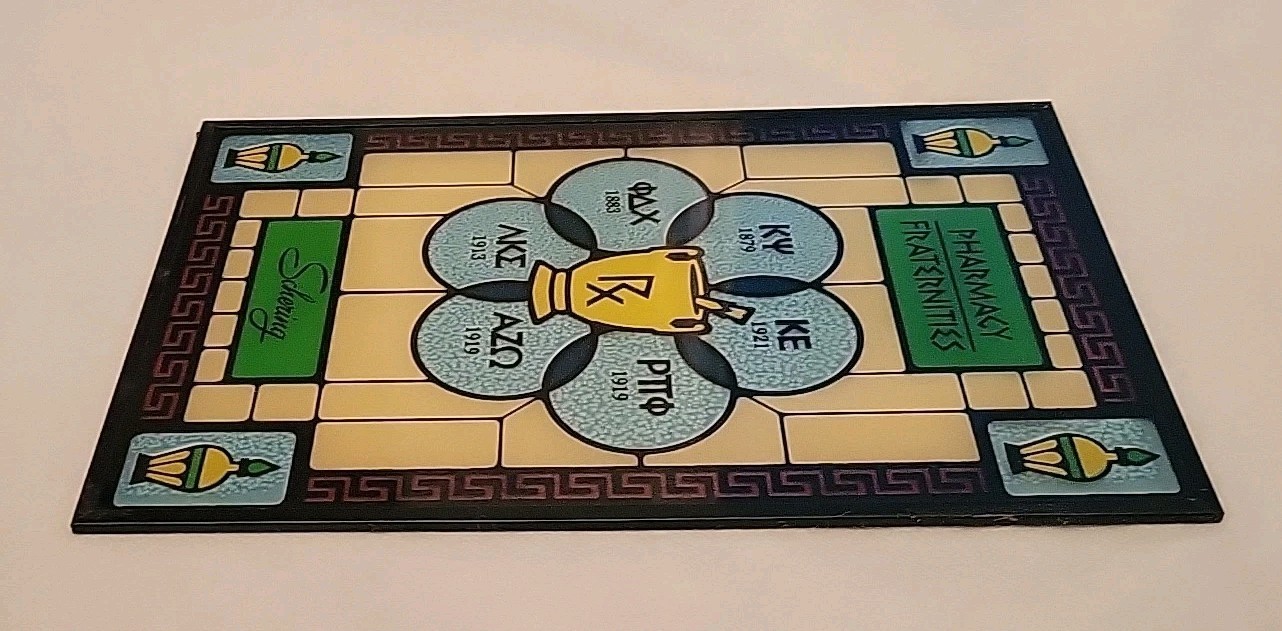 Vtg Pharmacy Stained Glass Style Window Advertising Schering Pharmacy 9x6x1/4”