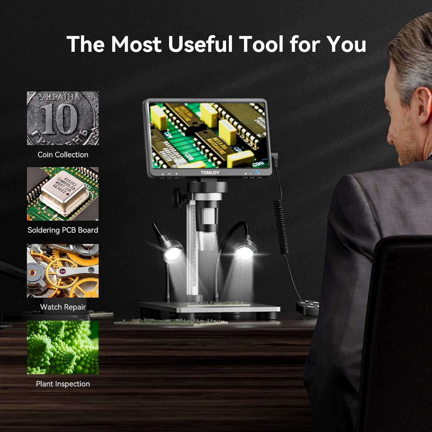 TOMLOV DM9 Digital Microscope 7" LCD 1200X Coin Microscope & Flexible Arm Stand