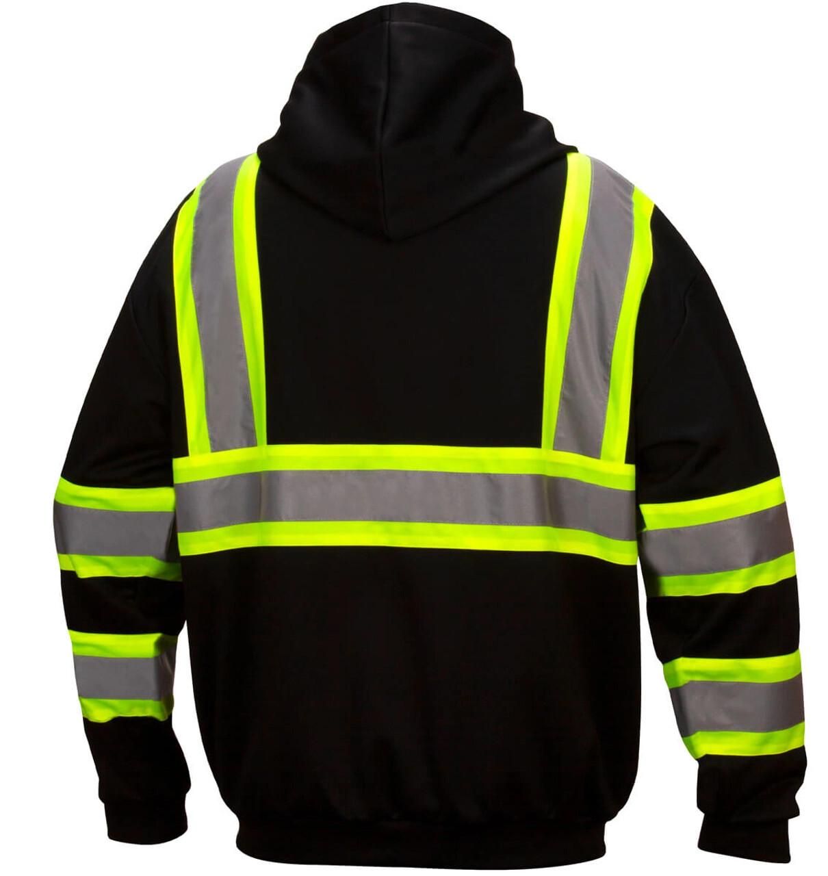 BLACK HI VIS ANSI REFLECTIVE WORK SAFETY ZIP UP HOODED FLEECE HOODIE SWEATSHIRT