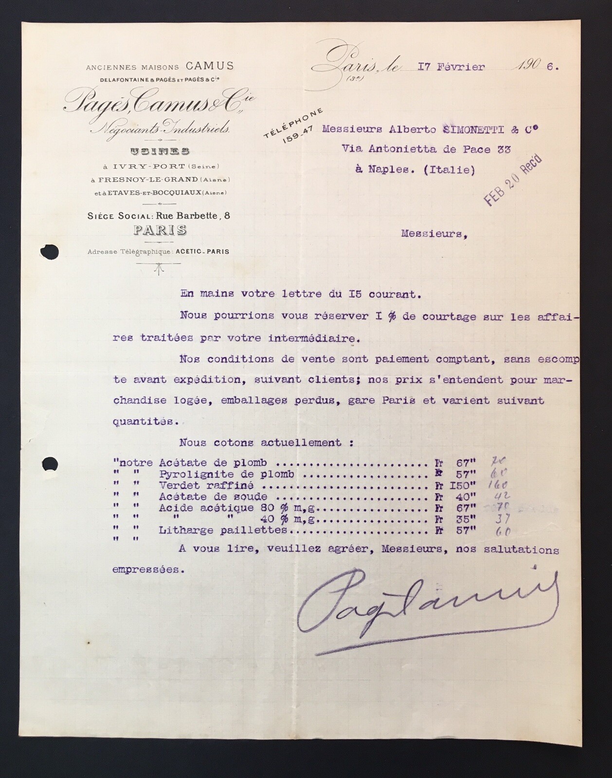 1906 Pages Camus & Cie Letterhead / Letter in French Regards to Chemical Order