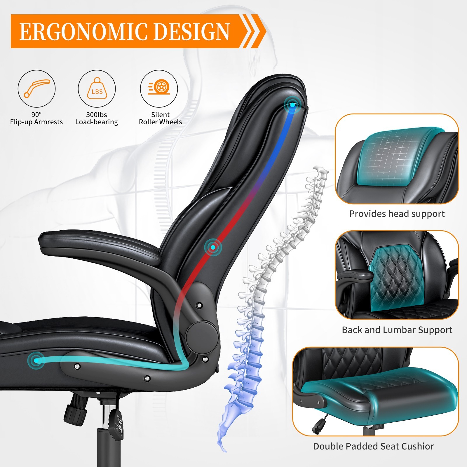 Executive Office Chair, Comfy Ergonomic Computer Desk Chairs with Flip-up Black