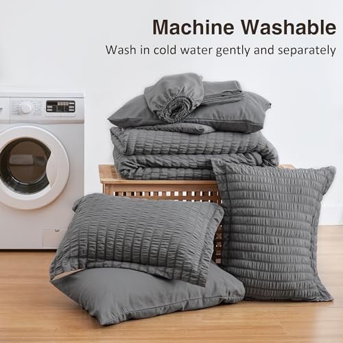 Seersucker King Size Comforter Set, 7-Piece All King (102"X90") Dark Grey