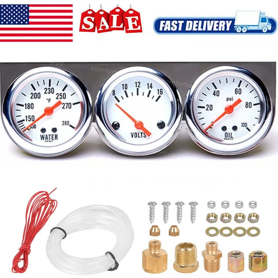 3-in-1 2" 52mm Chrome Car Triple Gauge Set Water Temp Oil Pressure Volt Meter