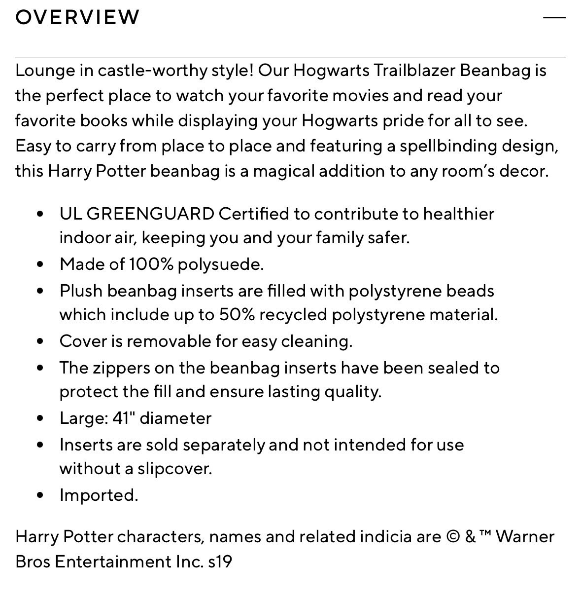 Pottery Barn Teen Harry Potter Hogwarts Crest Bean Bag Cover NWT