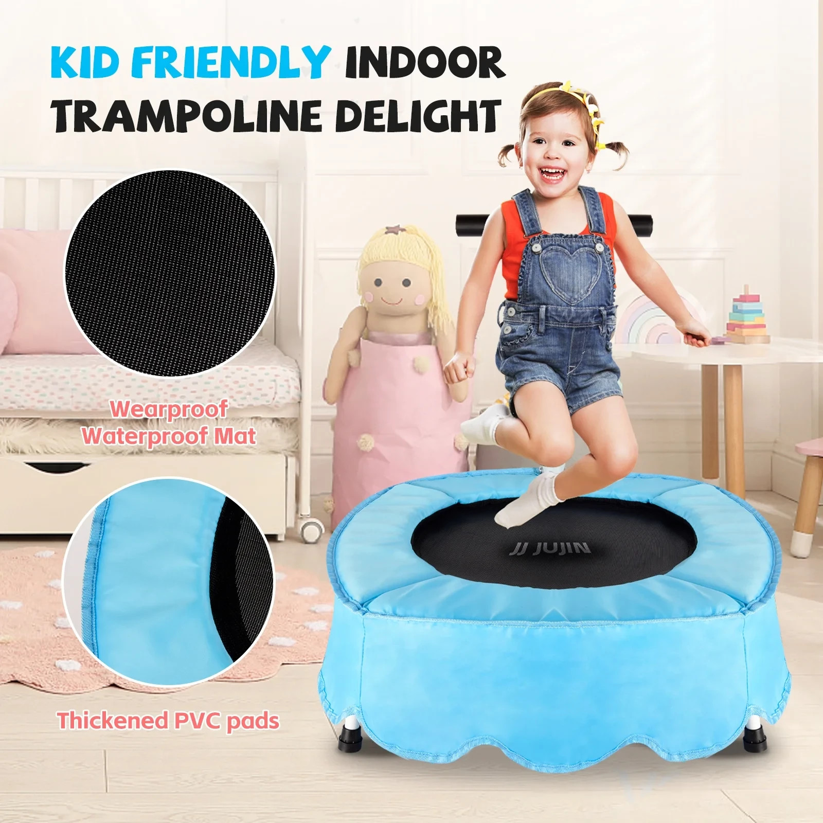 25in Kids Toddler Mini Trampoline with Safety Adjustable Handle Bar