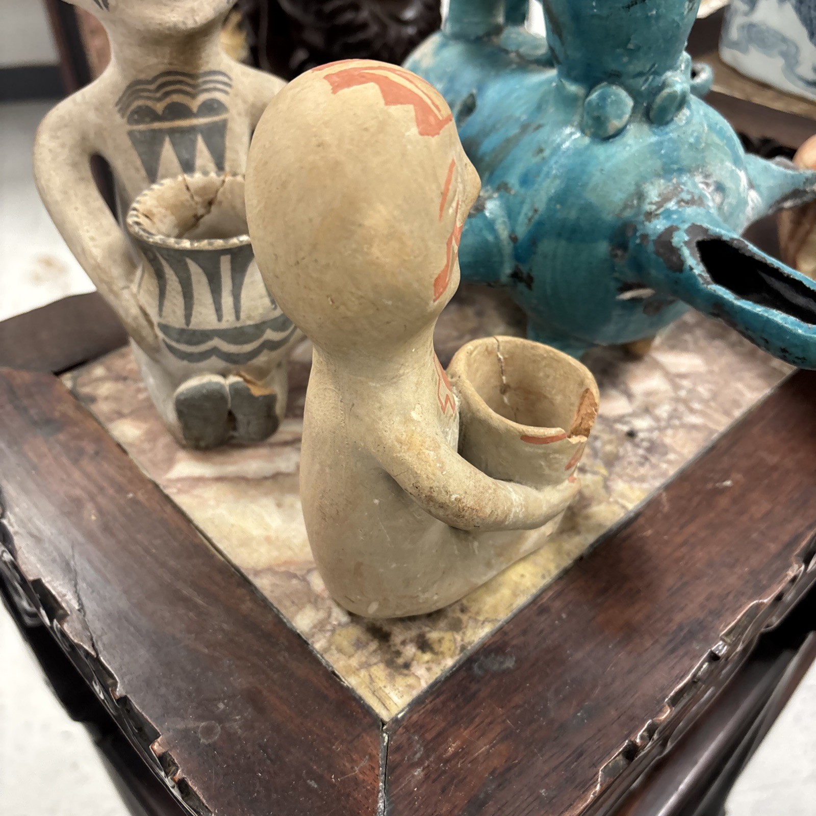 Late 1800s - Very Early 1900s Tesuque Pueblo Pottery Rain God 2 Pieces