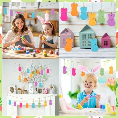 LOAVER 12 Pcs Easter Bunny Hanging Ornaments,Colorful Peeps Bunny Plastic