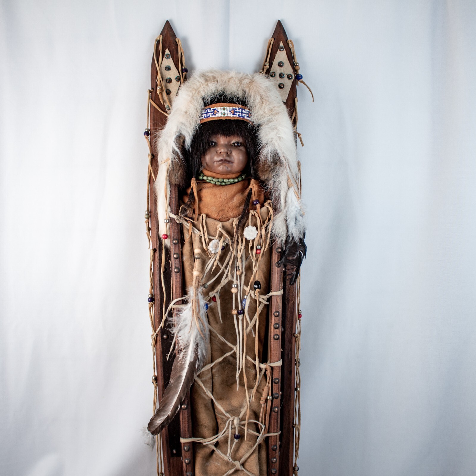 Vintage 1960's ALASKA Handcraft Eskimo Papoose Doll Cradle Large 39"L x 9.5"W