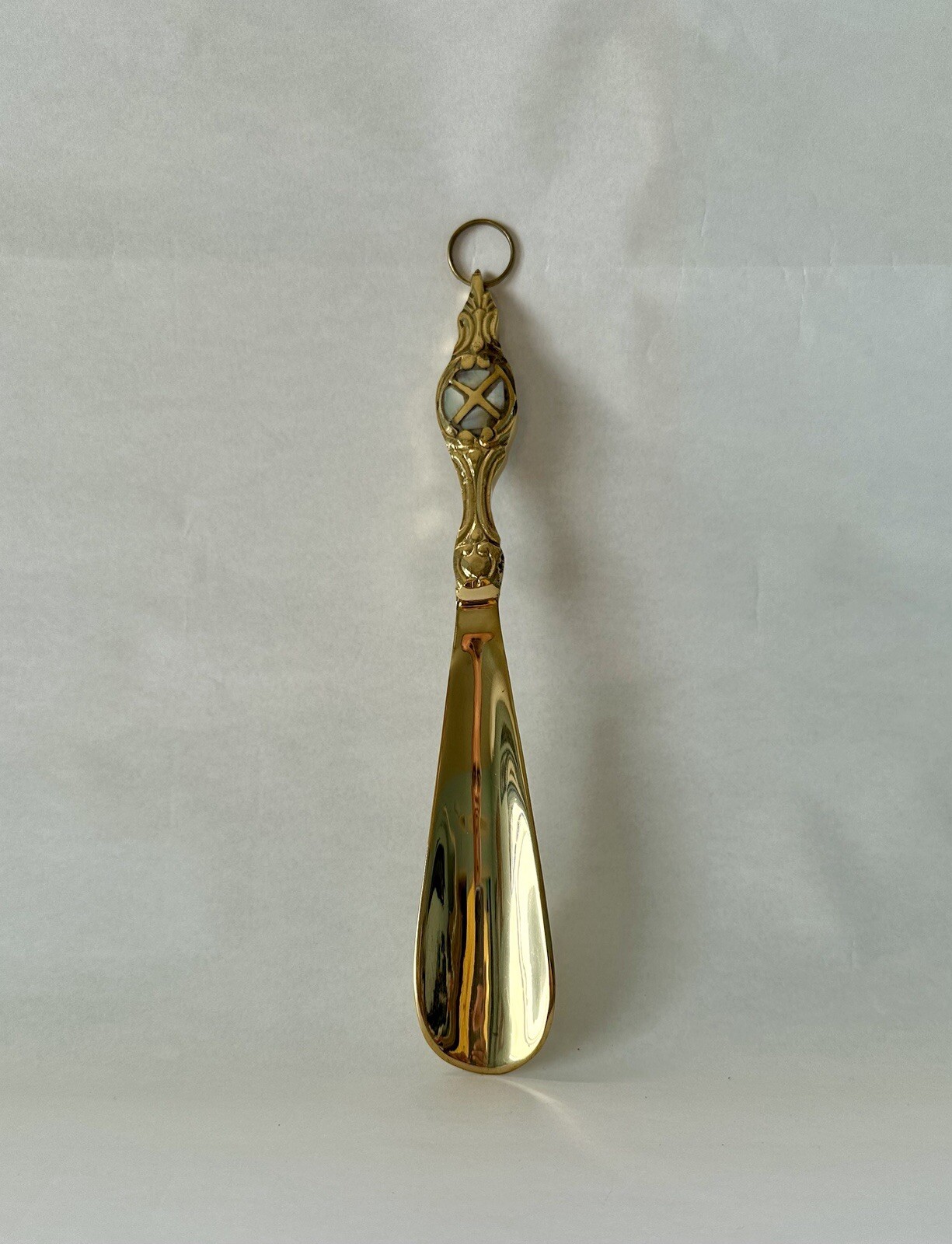 Gold Brass Shoehorn with Mother of Pearl Engraving 9.5"
