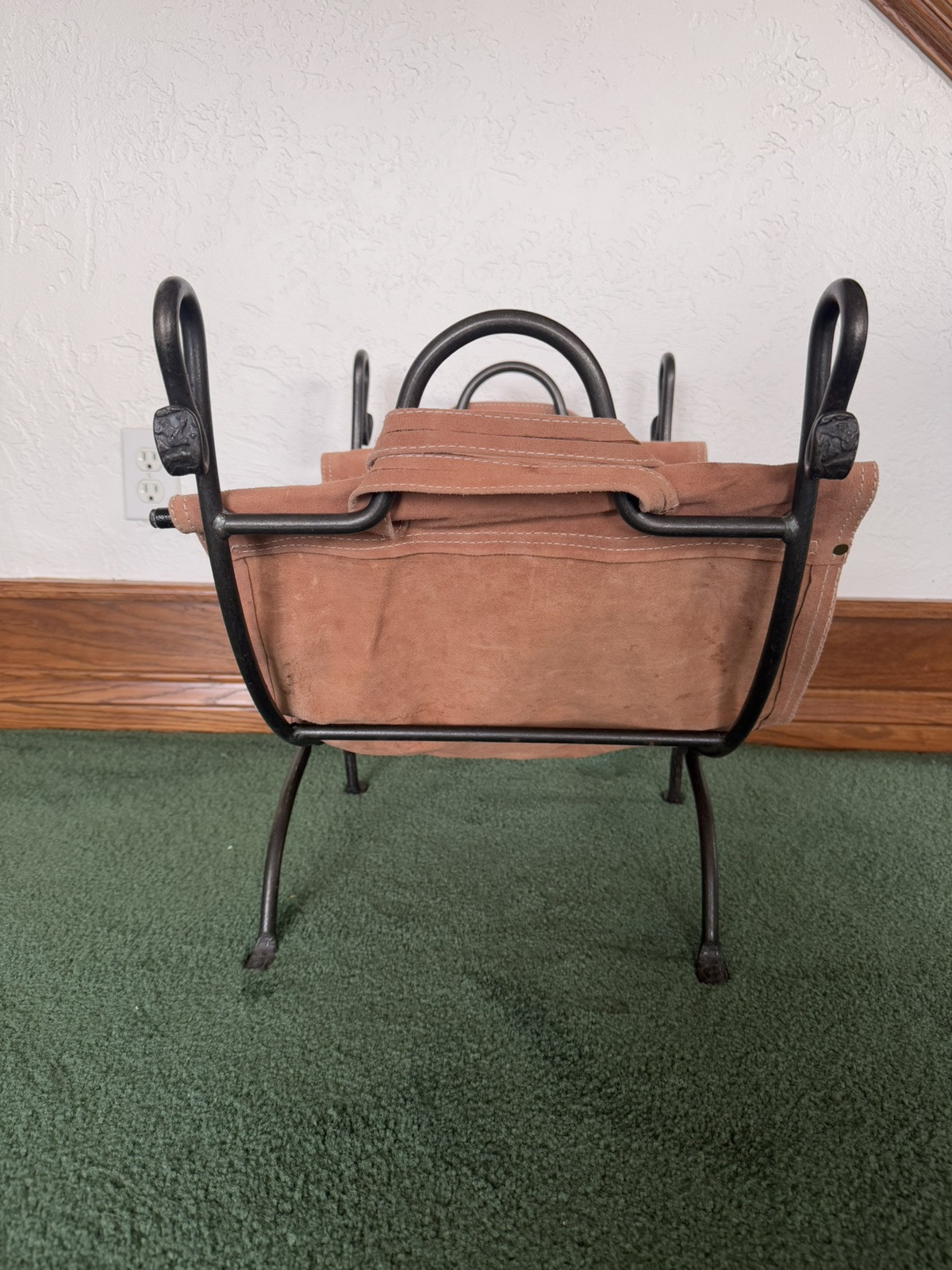 Vintage Metal and Suede Fireplace Log Holder Folding Firewood