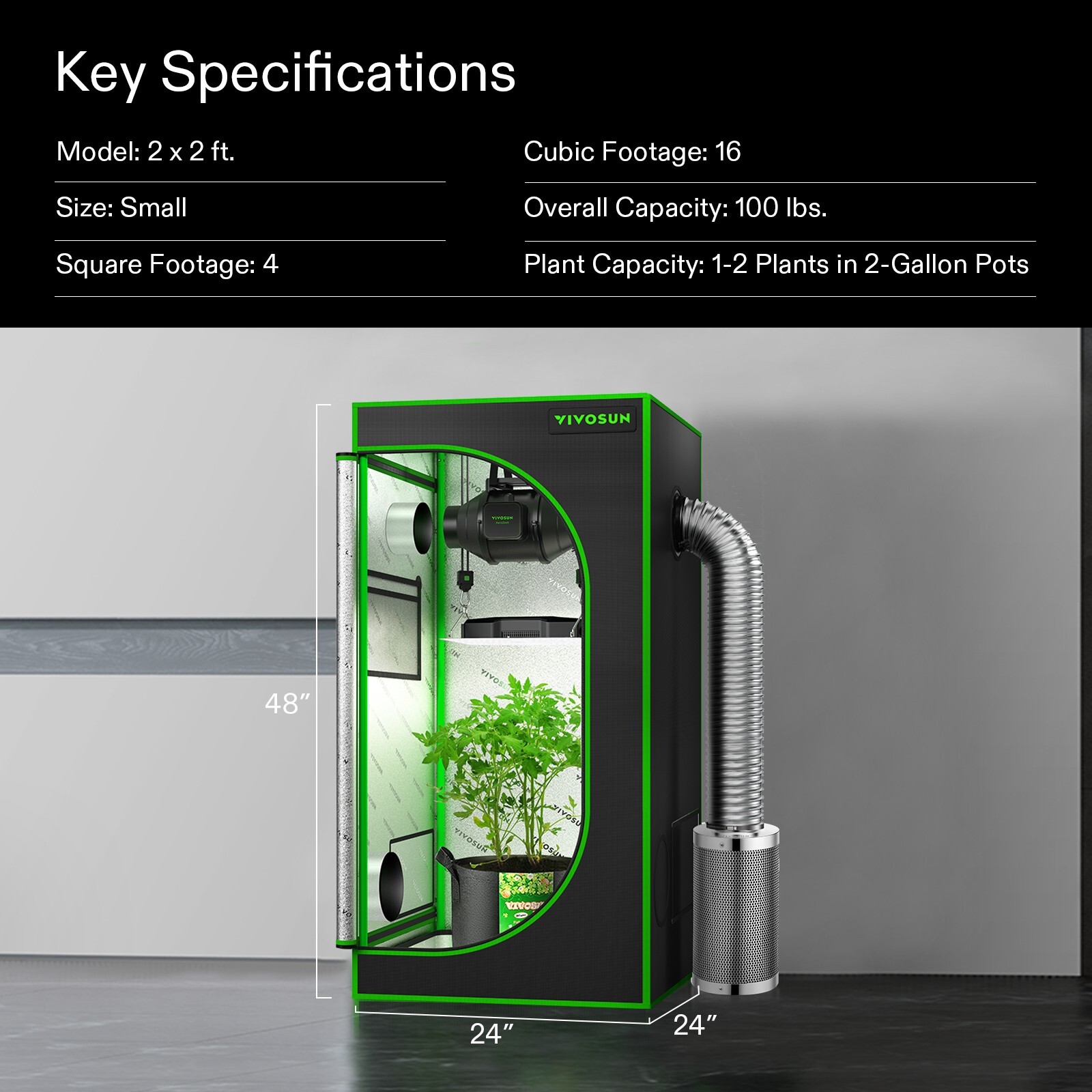 VIVOSUN VS1000 Led Light+24'' X24"x48" Grow Tent W/4" Fan Complete Growing Kit