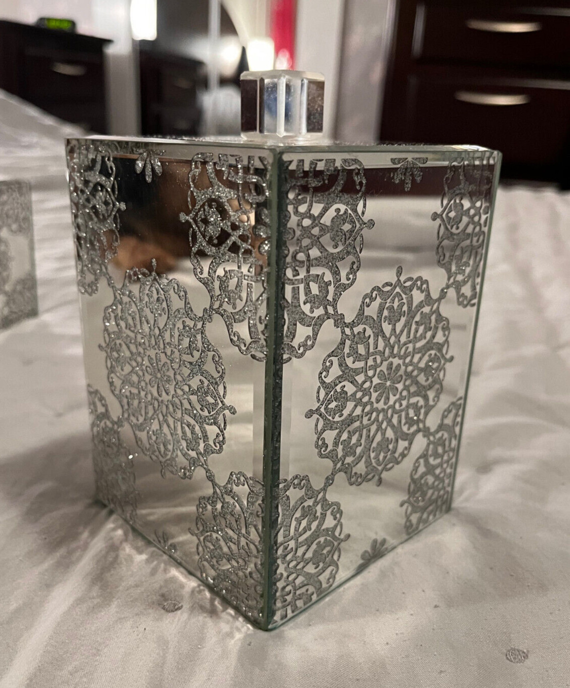 Bella Lux Mirror Glitter Bathroom Container Box Jar w Lid 5 3/8"x4"