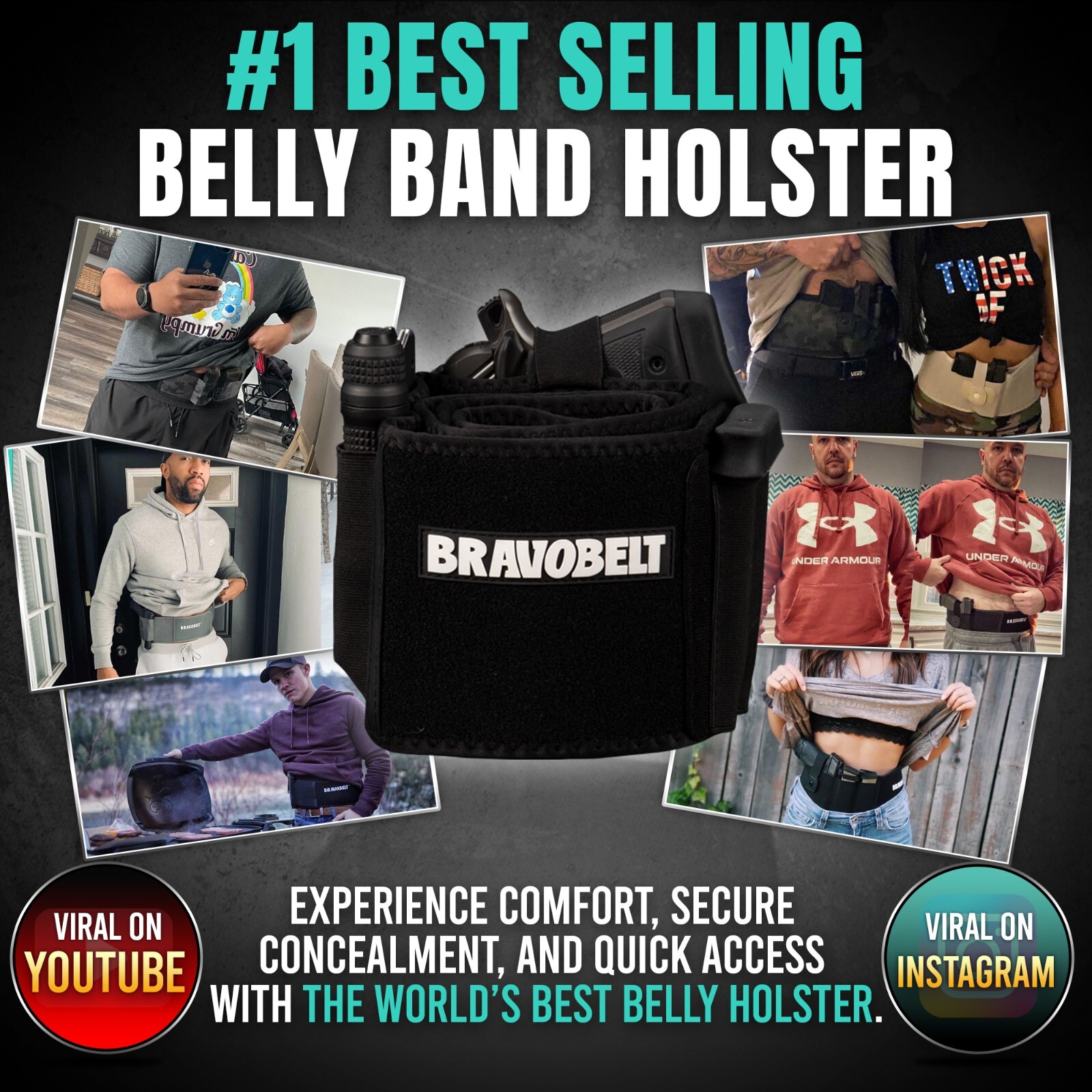 BRAVOBELT Belly Band Holster for Concealed Carry - for Men & Women - Black