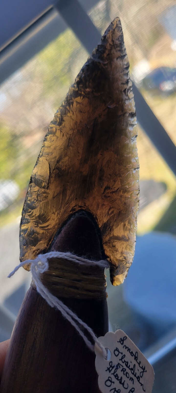 Native Amer.Smokey Obsidian Stone Knife Wood Handle Oregon Dbl. Edge Translucent