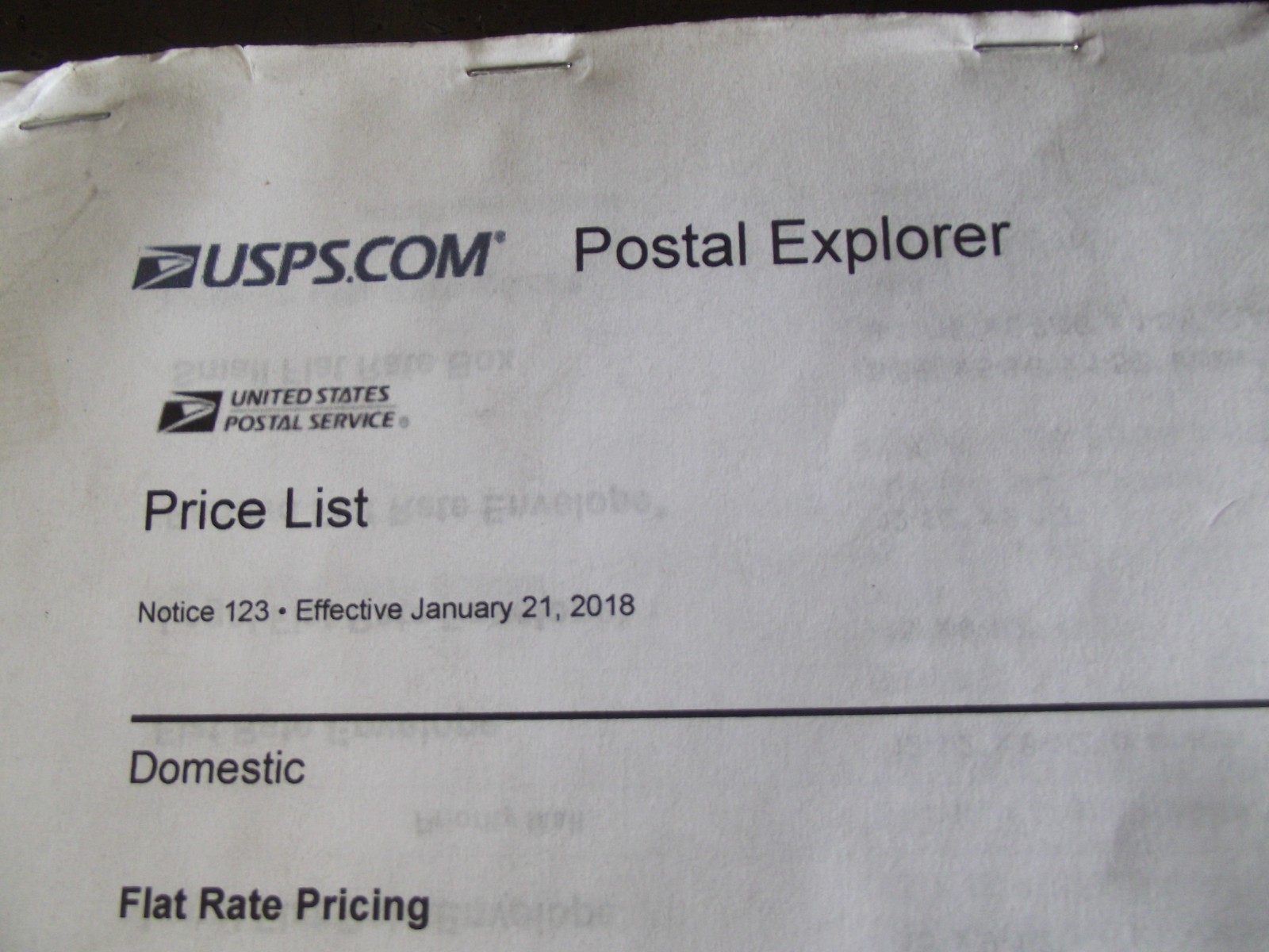 USPS Printed Postal Explorer Price List Notice 123 - 1/21/2018 - 124 Legal Pages