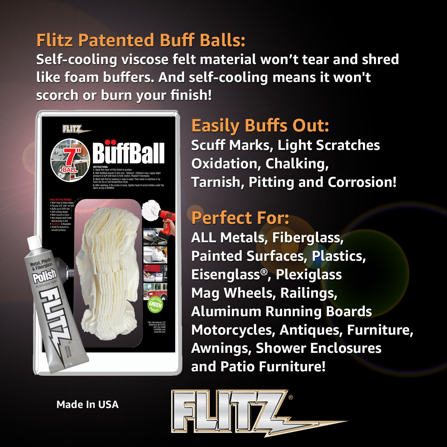 FLITZ EXTRA LARGE 7" BUFF BALL w/1.76oz Metal, Plastic & Fiberglass Polish