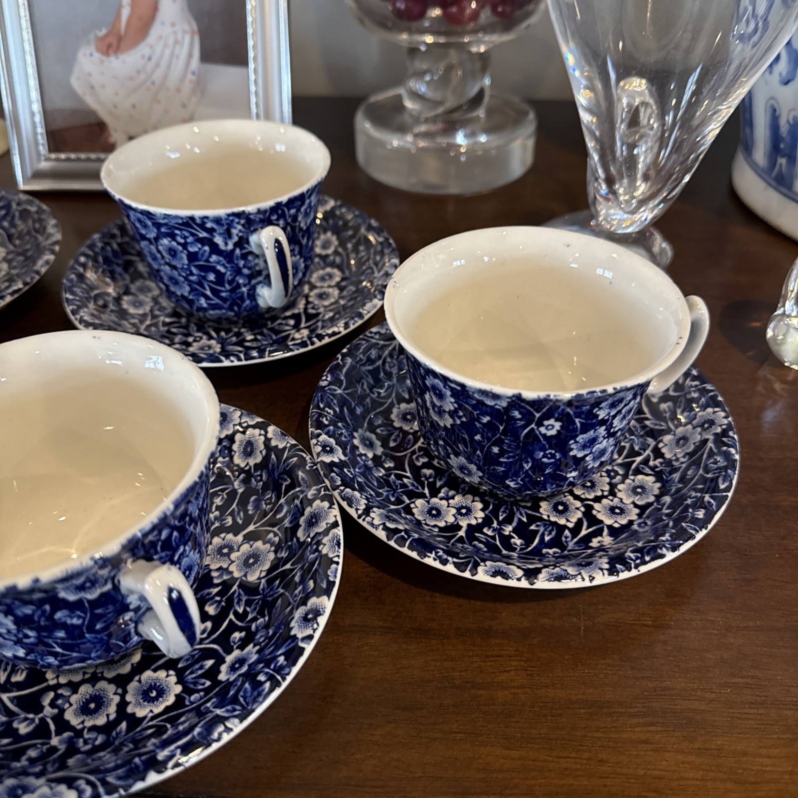 Vintage ROYAL CROWNFORD Blue Calico Cup & Saucer 13 Sets Sold Each Excellent