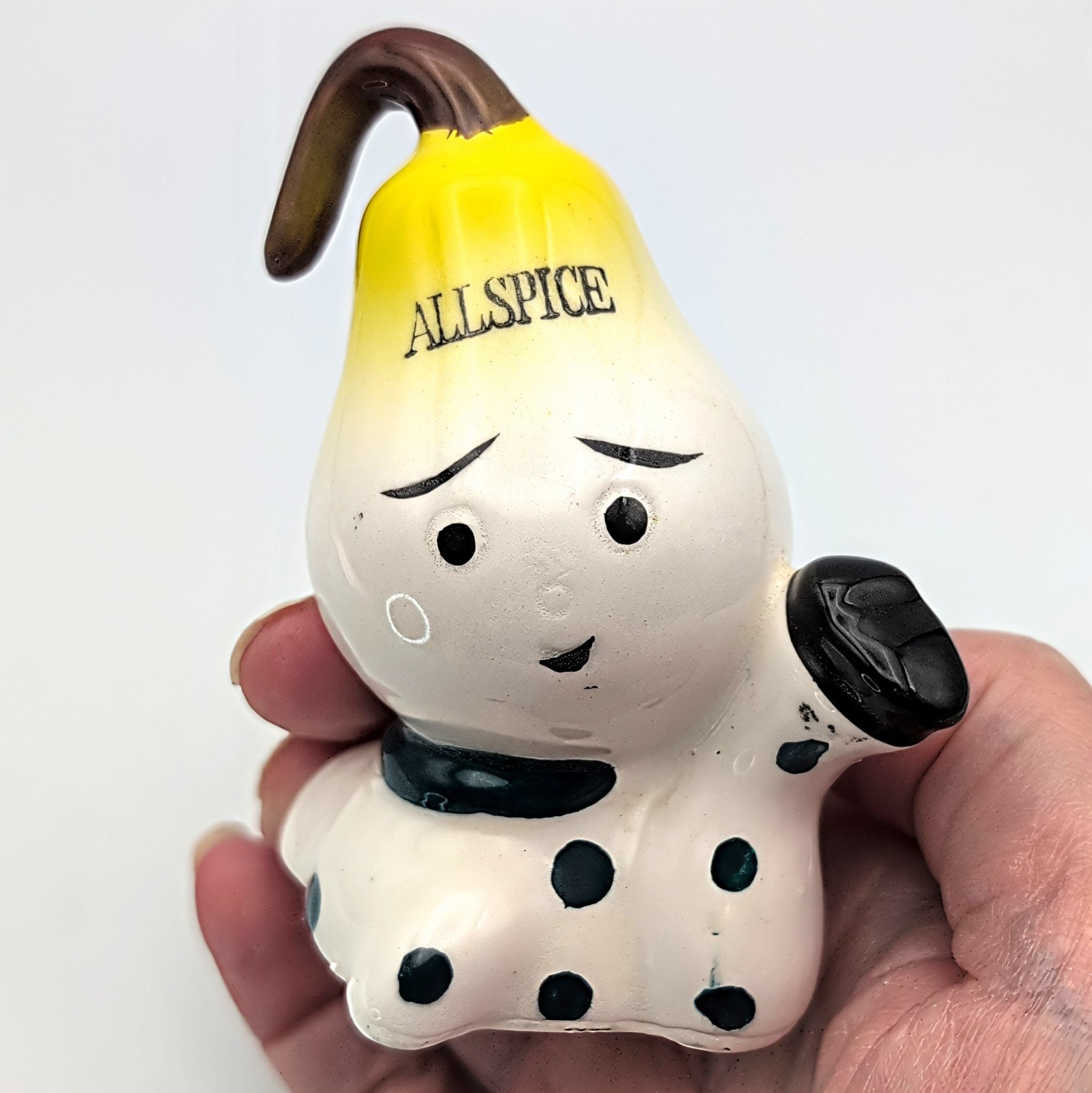 Vtg Japan Anthropomorphic "Allspice" Pear & "Cloves" Pickle Ceramic Spice Shaker
