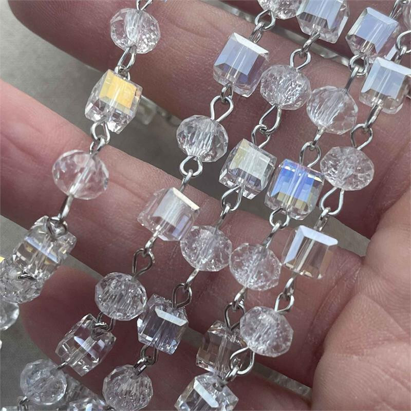 Crystal AB Cube Rondelle Beaded Rosary Silver Eyepin Chain 8mm Q2ft per Pkg