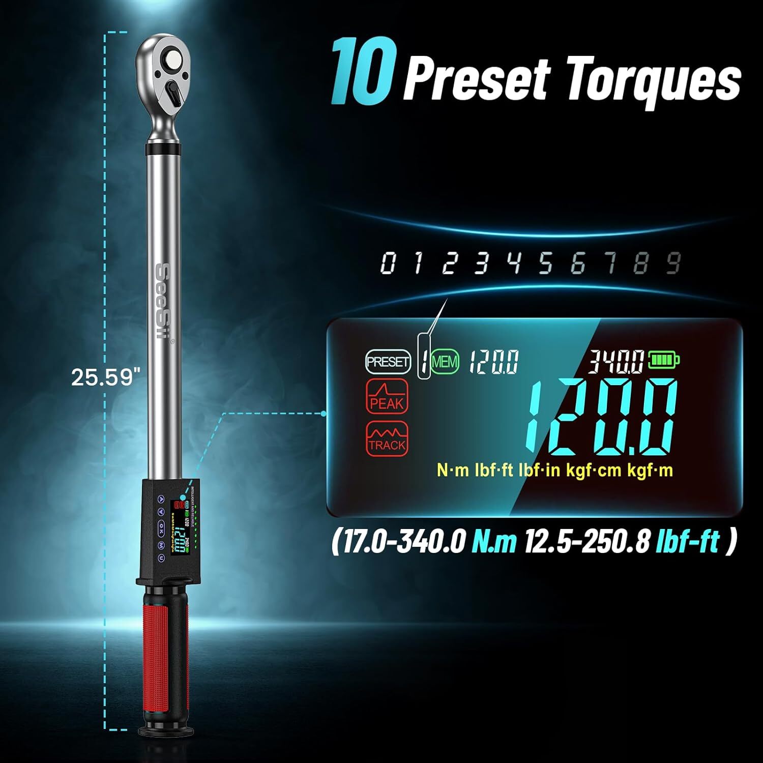 1/2" Drive LED Electric Digital Torque Wrench 12.5-250 Ft.Lb w/ Buzzer 17-340N.m