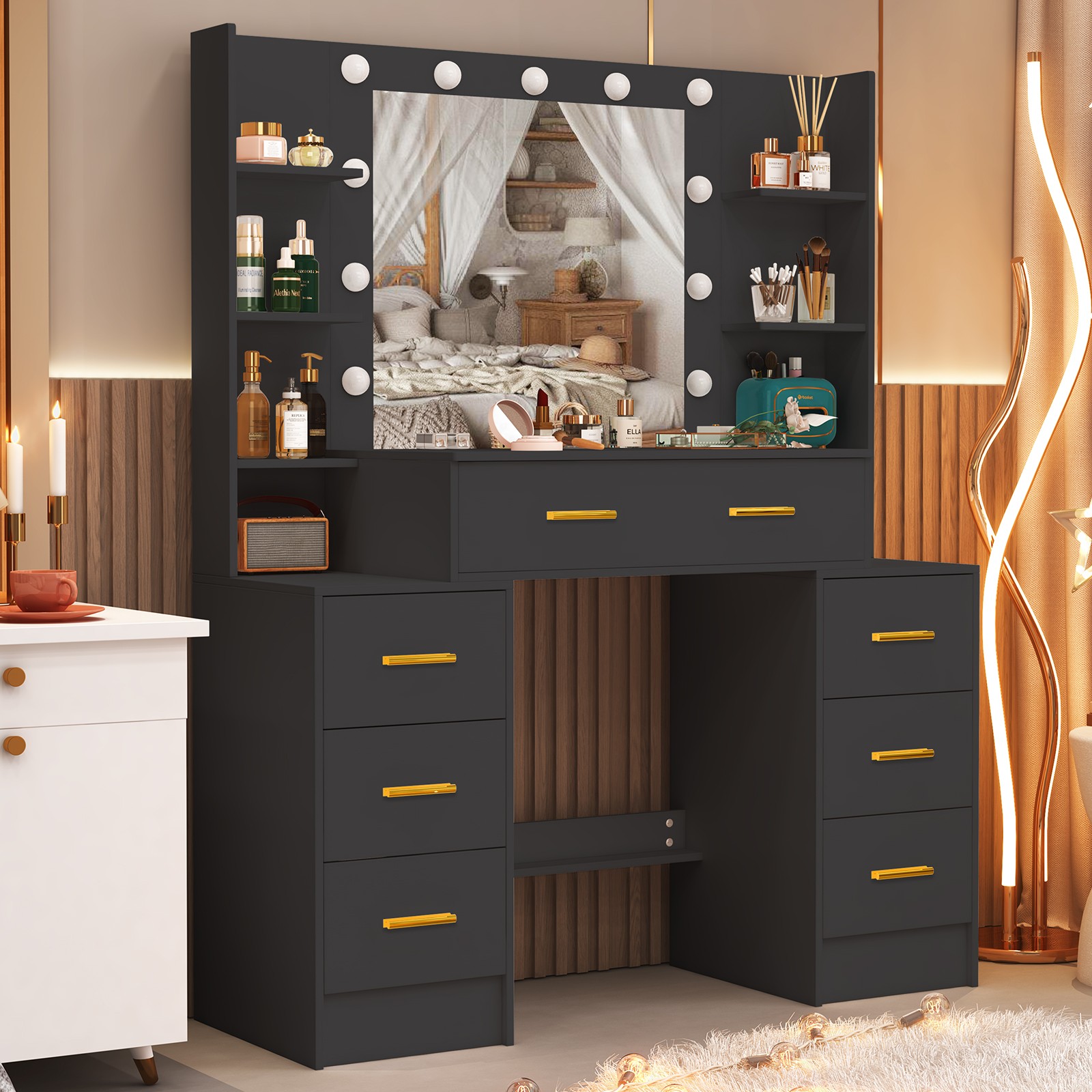 Large Vanity Makeup Table Dressing Desk With 11 LED Lighted Mirror & 7 Drawers