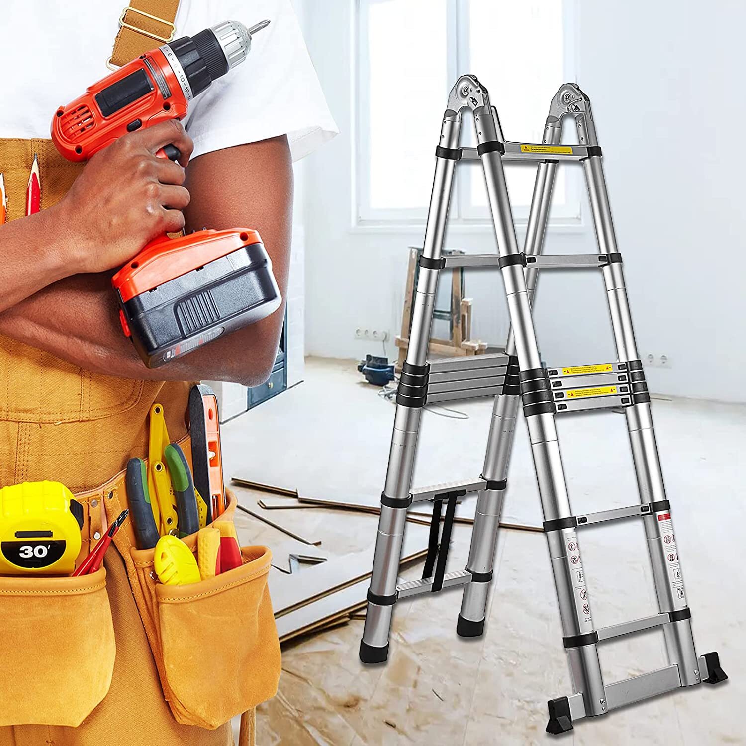 16.5FT Multi Purpose Aluminum Heavy Duty Folding Extension Telescopic Ladder