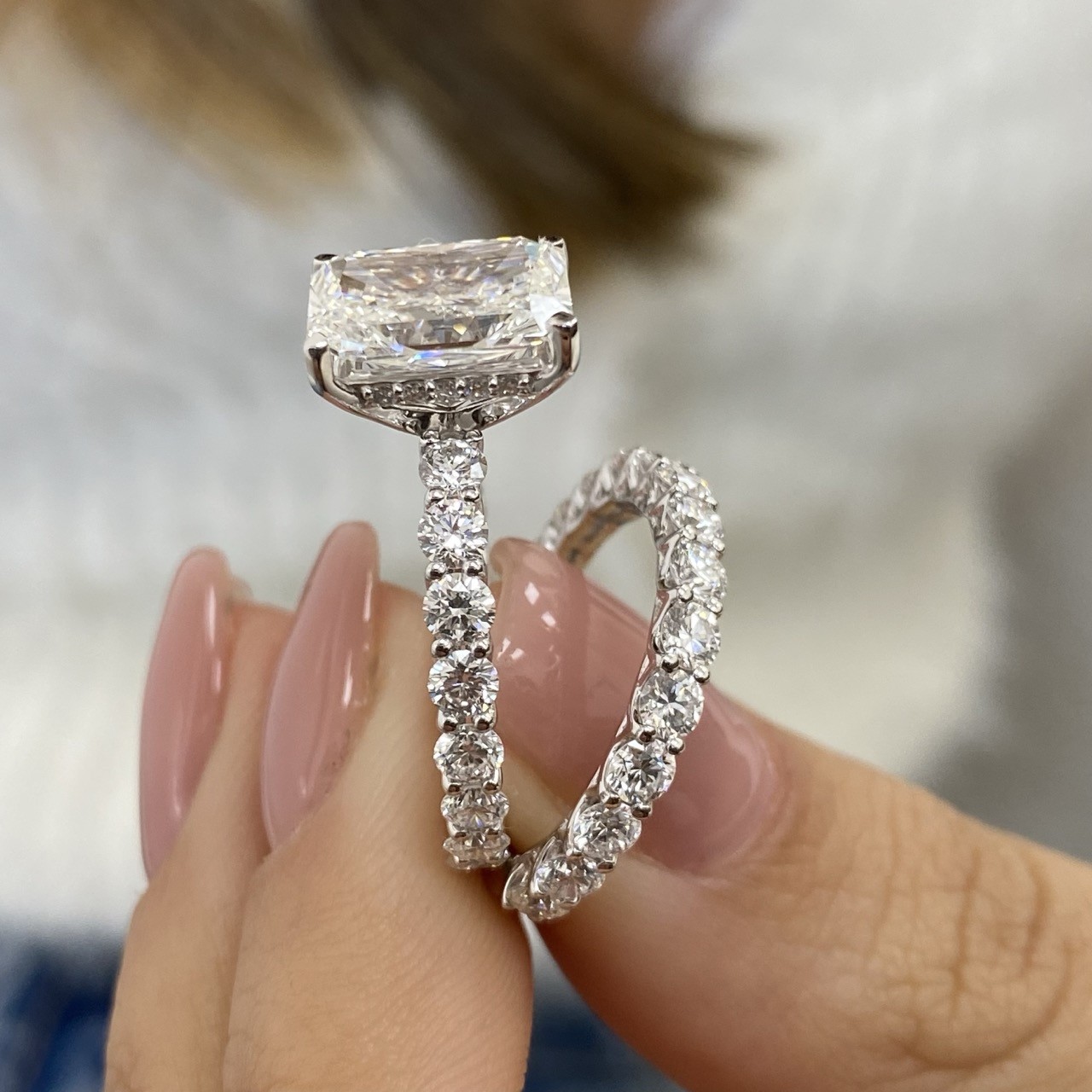 Diamond Radiant Ring Set VS1 F IGI Certified 5.8 Ct Labcreated 18K White Gold