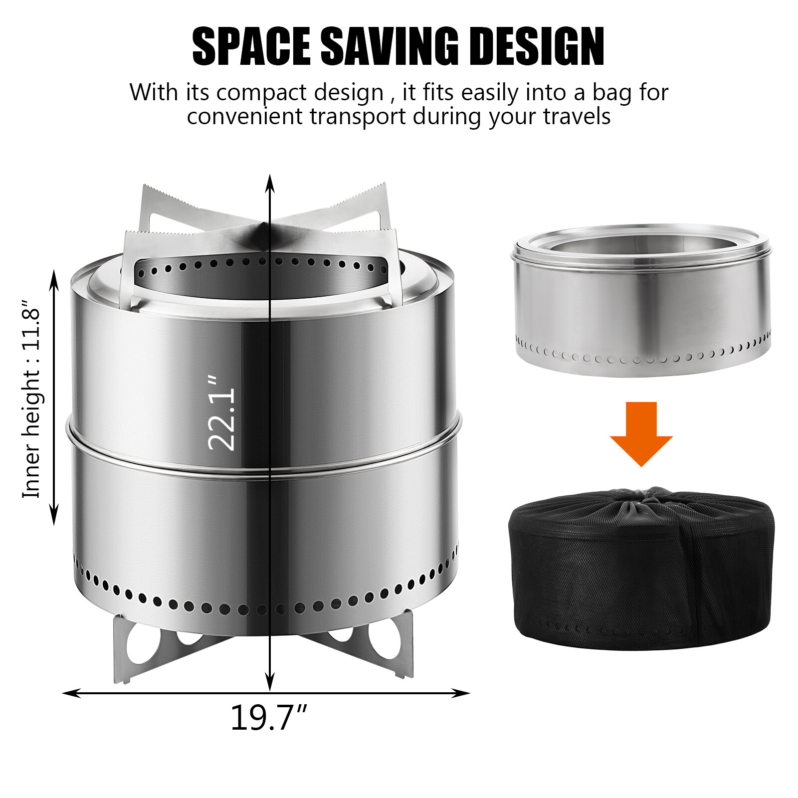 19 Inch Smokeless Fire Pit Portable Outdoor Wood Burning Firepit Stainless Steel