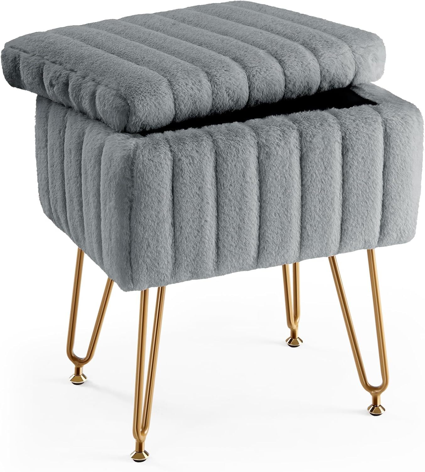 Vanity Stool Chair w/ storage Ottoman Faux Fur Soft Padded Makeup Footstool Seat
