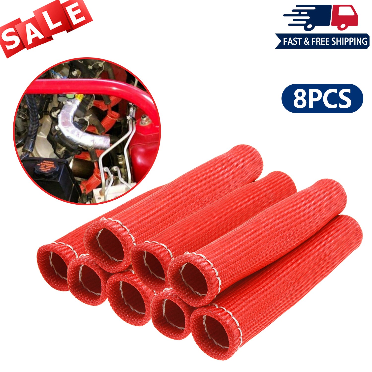 8Pcs 2500° 6" Spark Plug Wire Boots Protector Sleeve Heat Shield Cover Red
