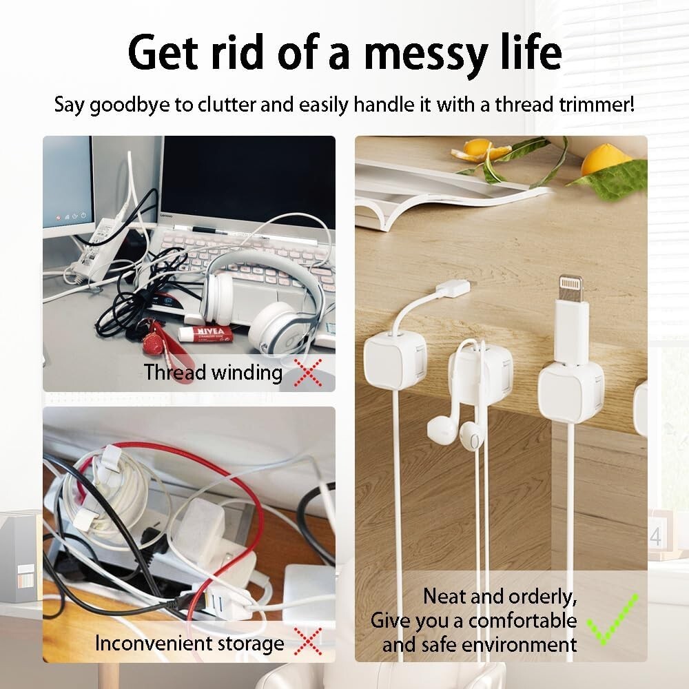 Magnetic Cable Clips, 6 Pack Cord Organizer Holder, White Charging Cable Keeper