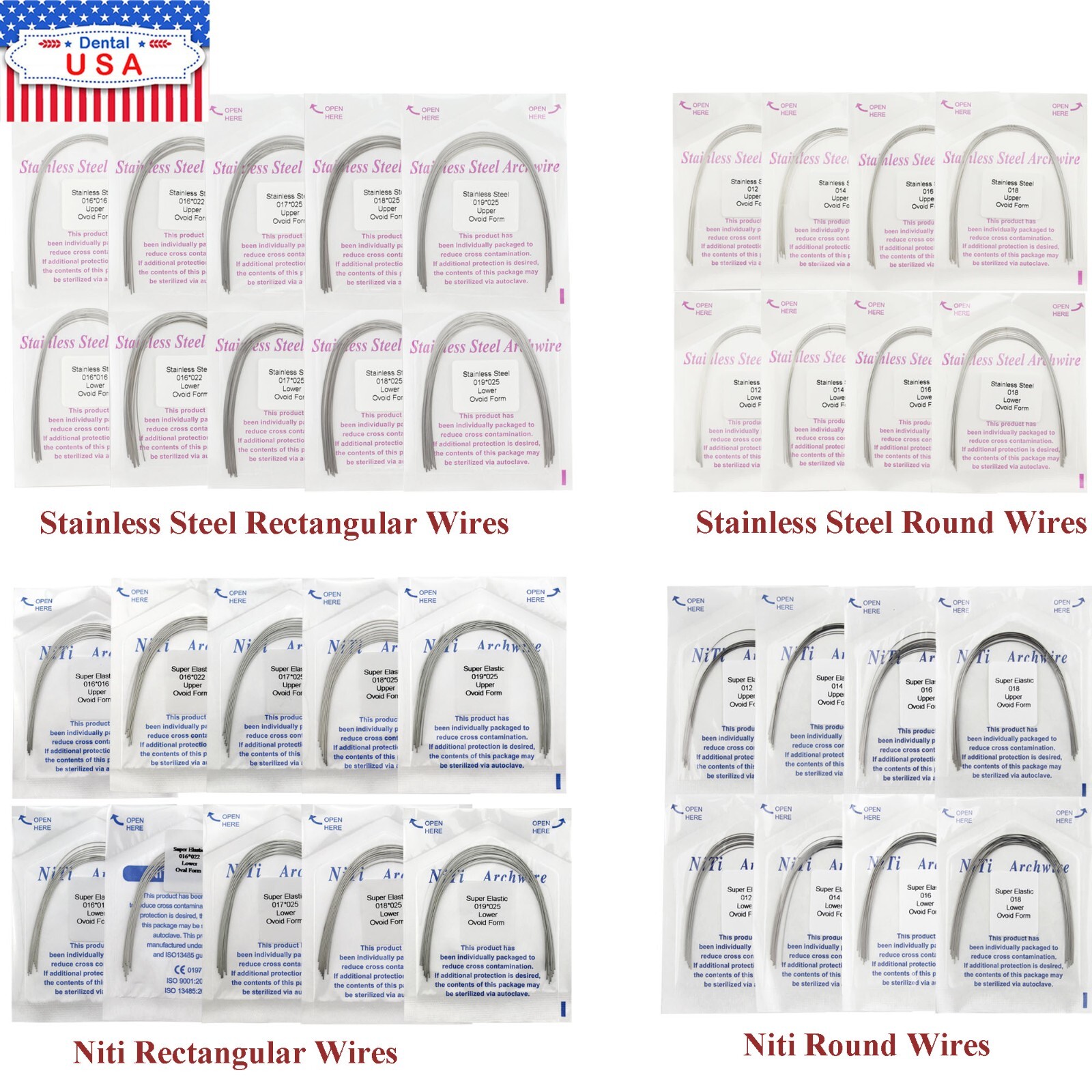 100Pcs Dental Orthodontic Arch Wire NiTi Stainless Steel Ovoid Round Rectangular