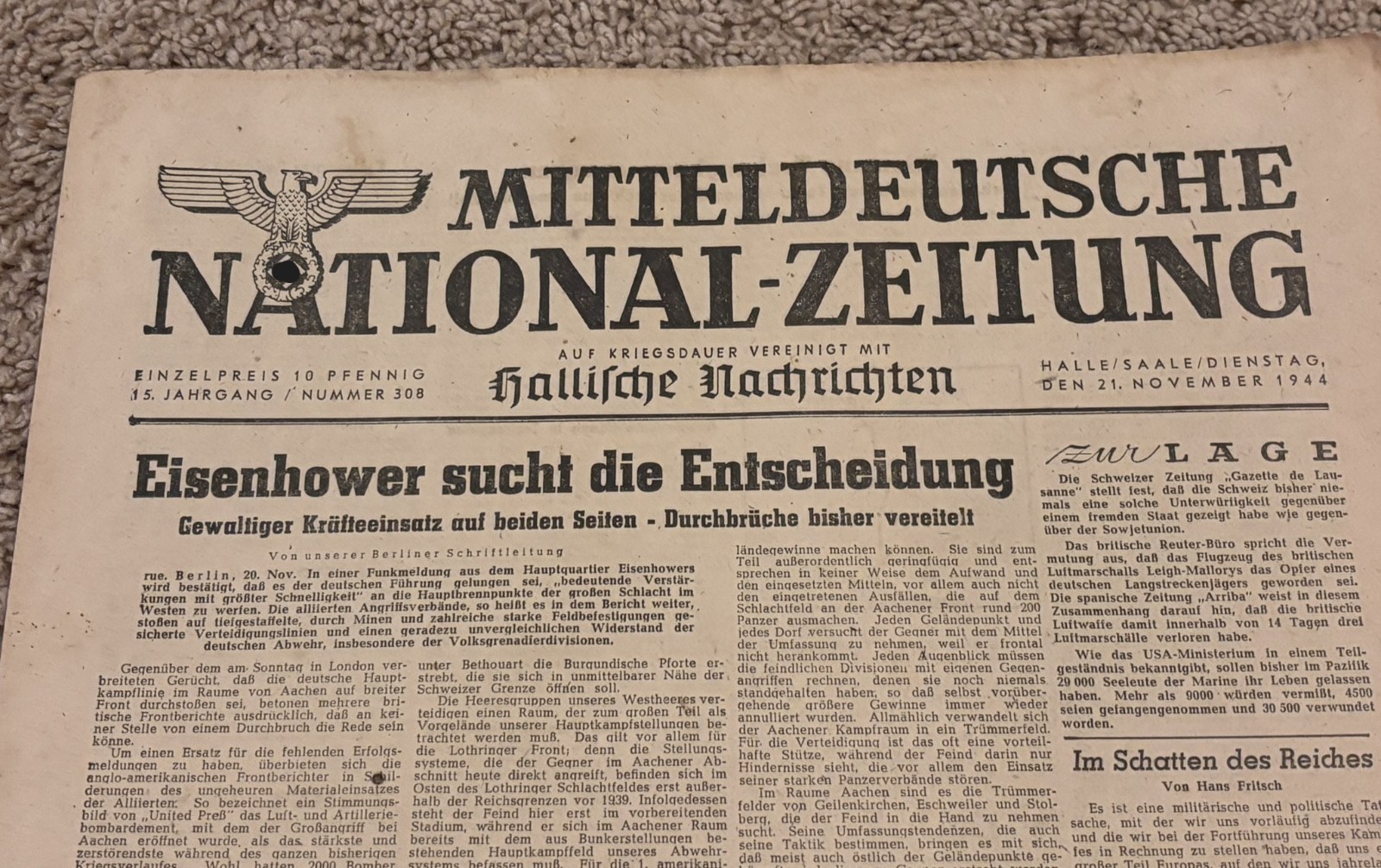 WW2 Period German Newspaper November 21, 1944