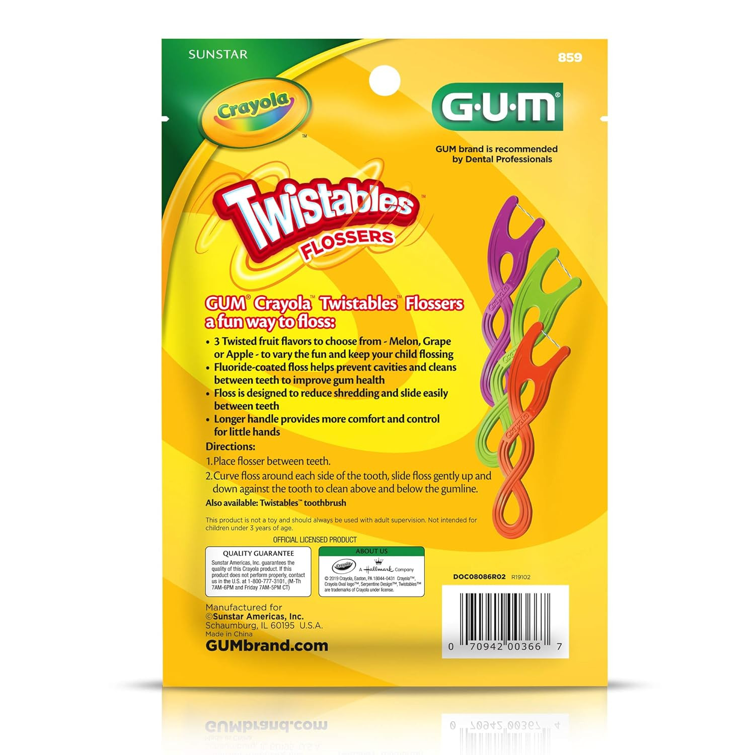 GUM Crayola Twistables Kids Flossers with Fluoride, 90 Count, Ages 3+