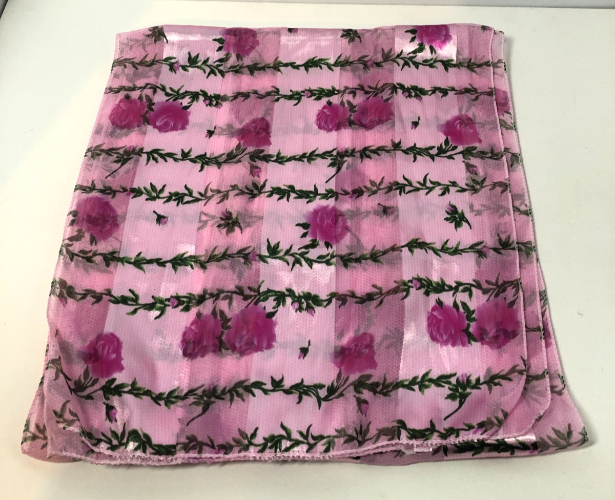 Vintage Pink and Green Scarf, Flower Design, Nylon/Polyester Blend, 57.5" x 12"