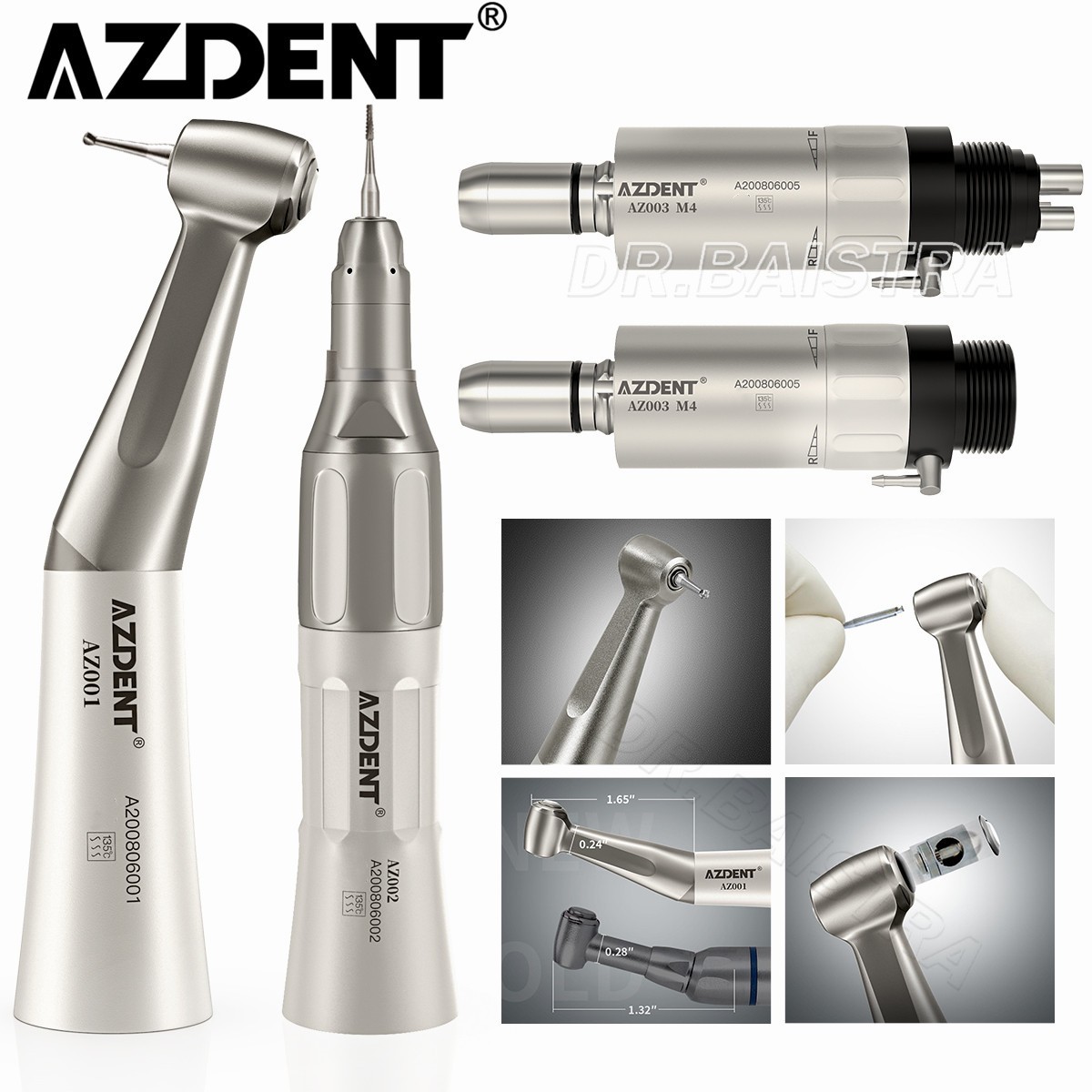 AZDENT Dental Slow Low Speed Handpiece Straight Contra Angle Air Motor 4/2Holes