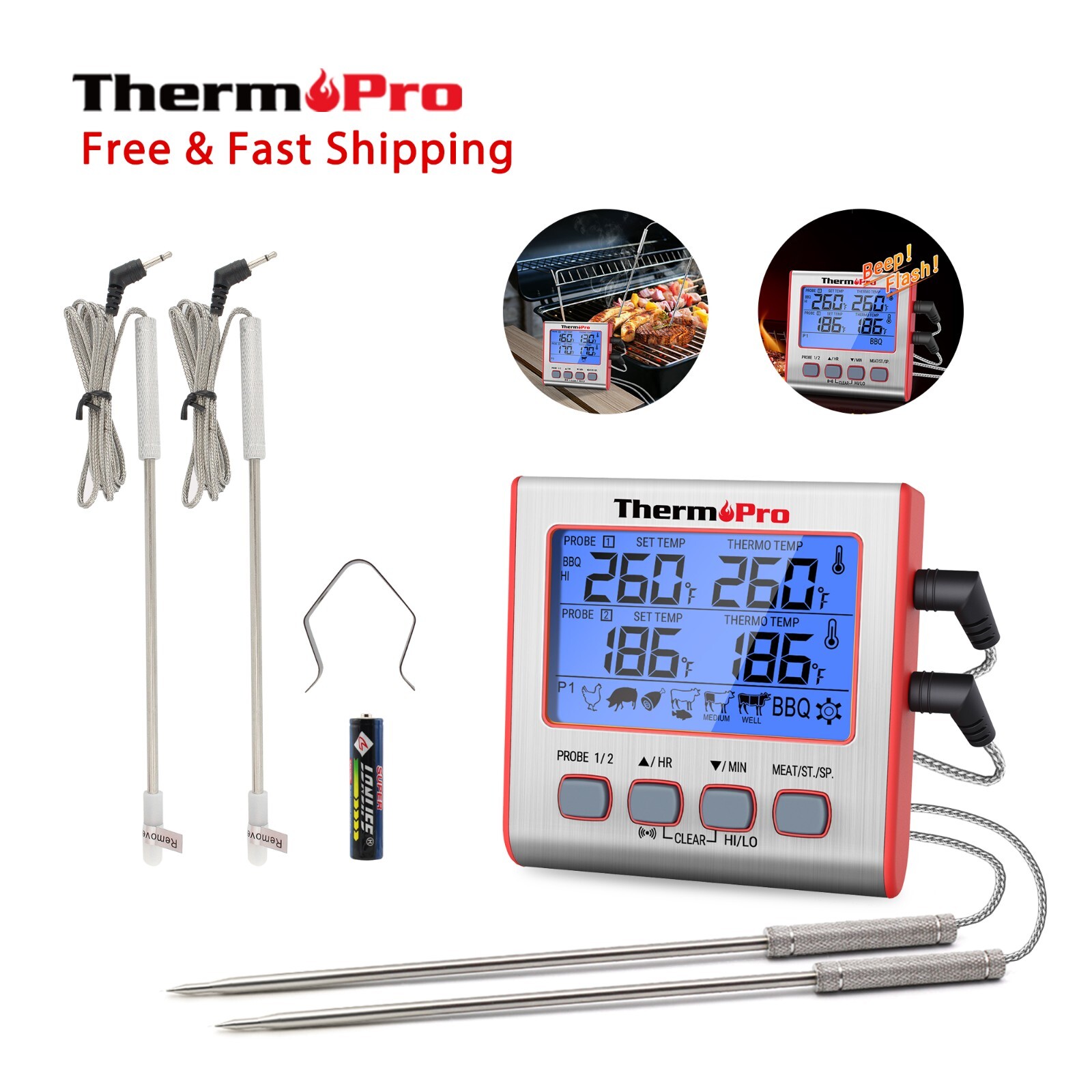 ThermoPro TP17W Thermometer Dual Probe Digital Cooking Grill Thermometer w/Timer
