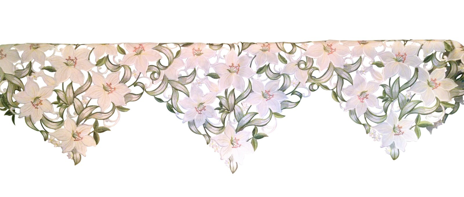 Doily Boutique Table Runner, Doily, Mantel Scarf with White Easter Lily Flowers