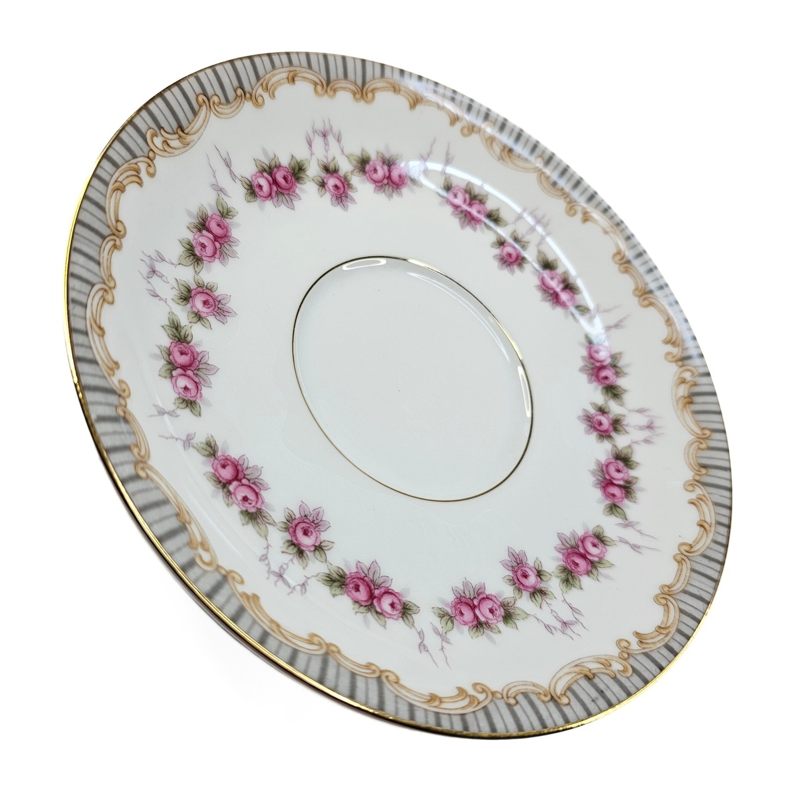 Vintage Noritake China Ridgewood Saucer, Pink Rose Garland, Gold Accent