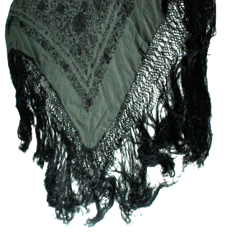 Antique Silk Shawl Wrap Piano Scarf HAND EMBROIDERED FLORAL WITH FRINGE 51"inch