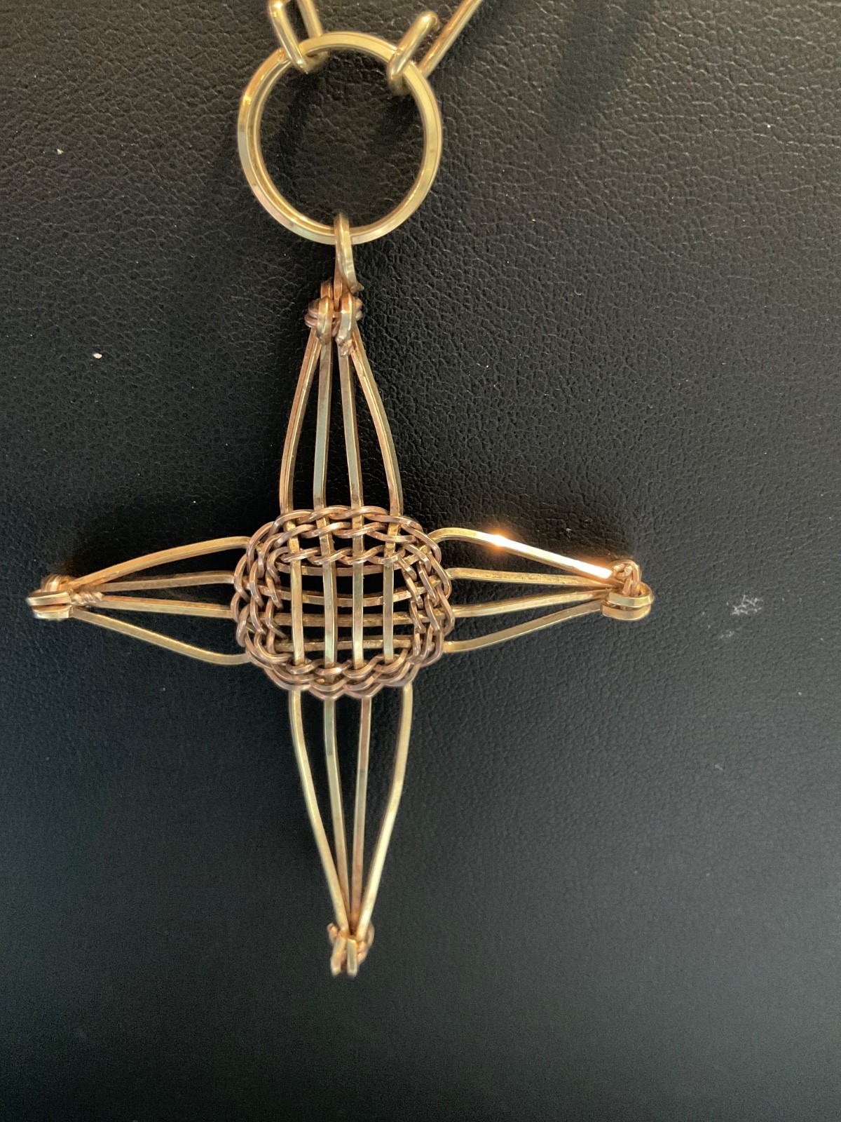 Handcrafted Gold Filled Wire Artisan Lg Cross & Unique Chain Mexico W/Paperwork