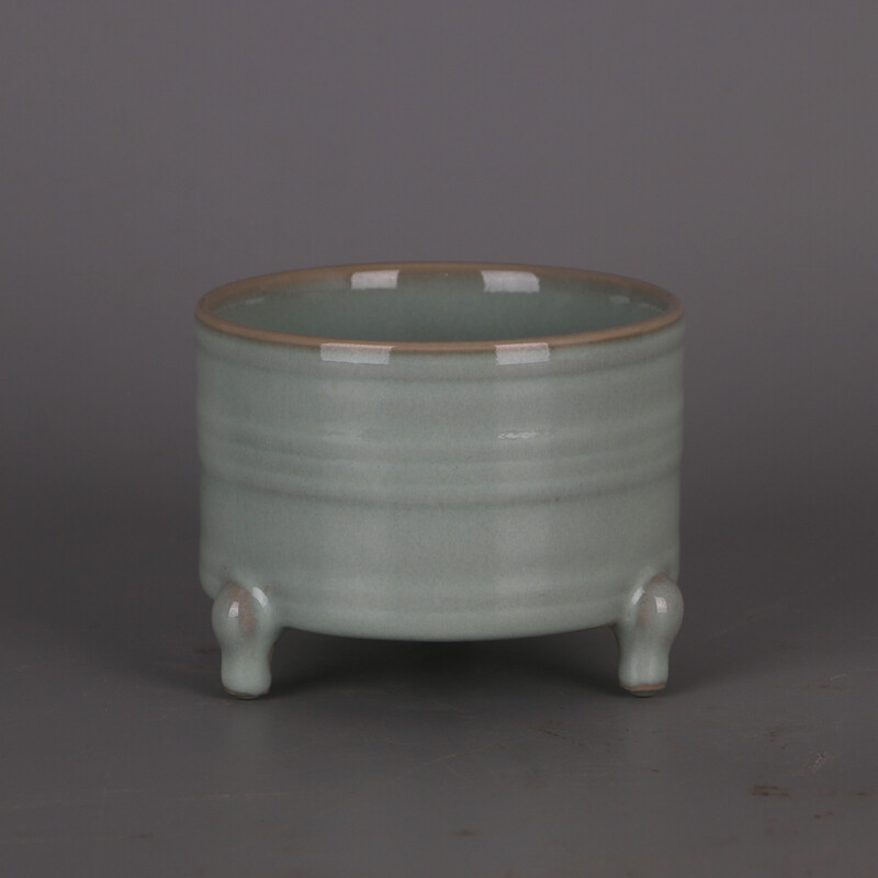 3.7" Chinese Song Ru Kiln Porcelain Celeste Glaze Three Foot Incense Burner