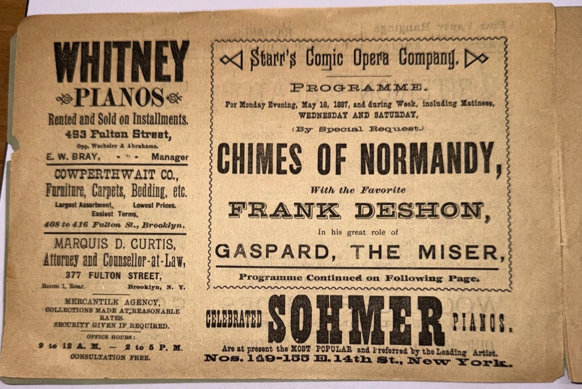 RARE 1887 CRITERION THEATRE PROGRAM CHIMES OF NORMANDY AT FULTON & GRAND AVENUE