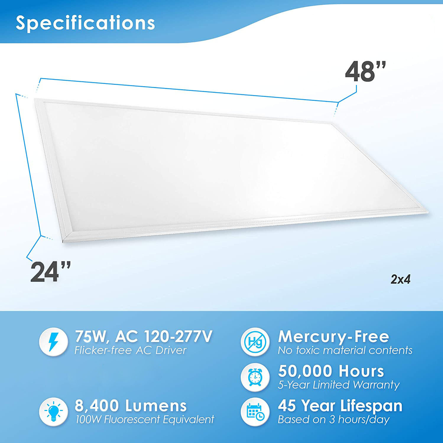 2x4 LED Drop Ceiling Light Fixture, 75W 24x48 Flat Edge-lit Panel Lights Fixture
