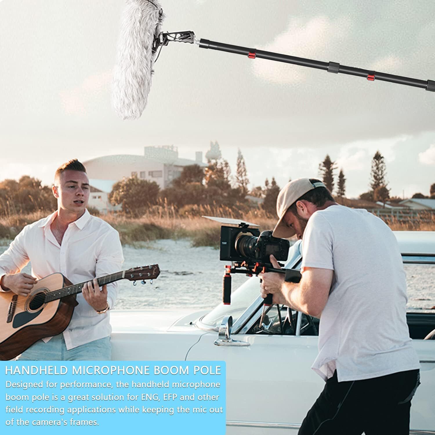 Portable Handheld Boom Pole for Shotgun Mic, 3-Section Extendable Microphone Arm